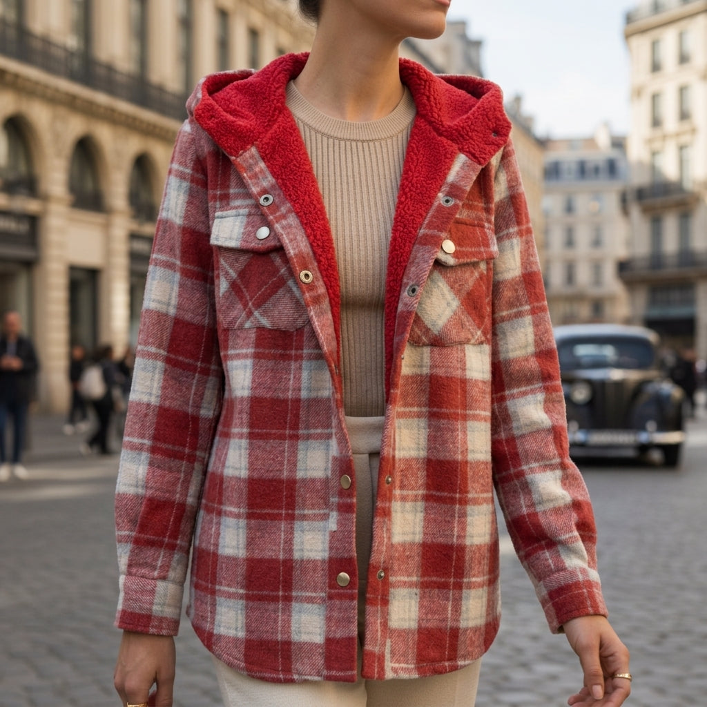 Women's slate grey plaid hooded shacket with a brushed cotton finish