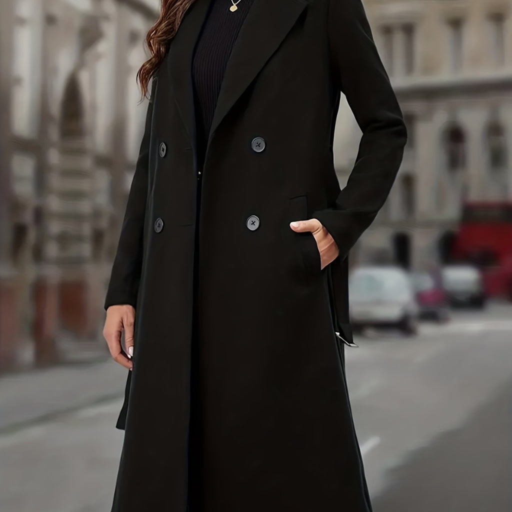 Black double-breasted long coat with wide lapel
