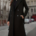 Black double-breasted long coat with wide lapel