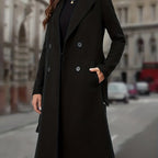 Black double-breasted long coat with wide lapel