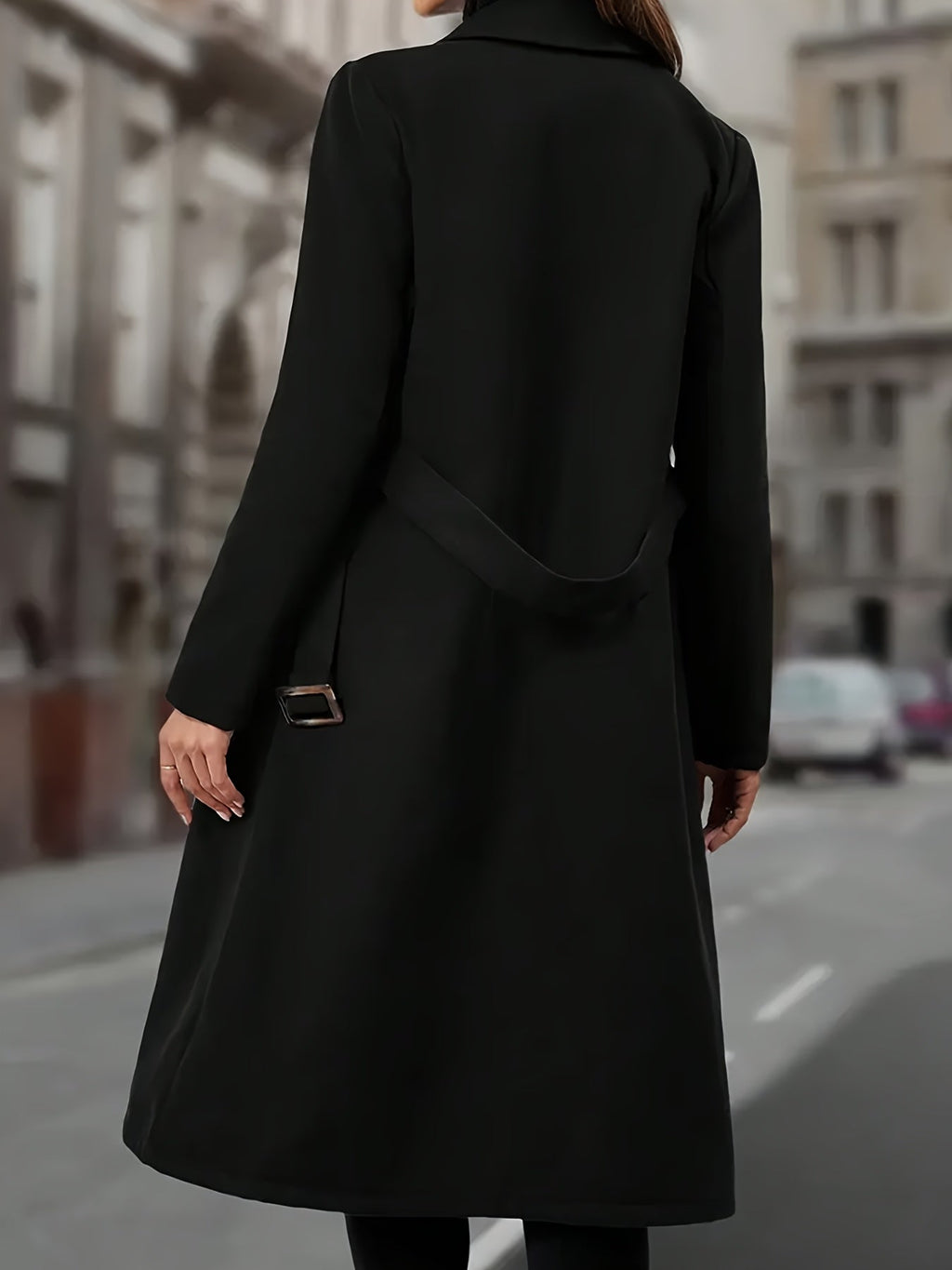 Black double-breasted long coat with wide lapel