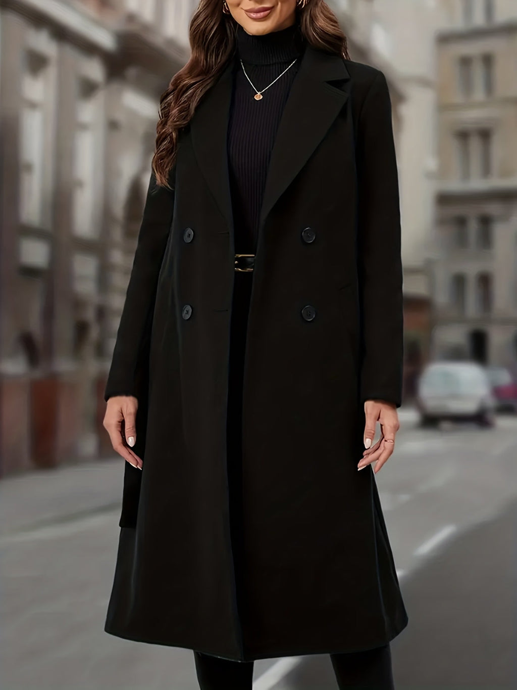 Black double-breasted long coat with wide lapel