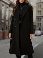 Black double-breasted long coat with wide lapel