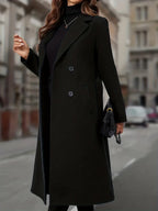 Black double-breasted long coat with wide lapel