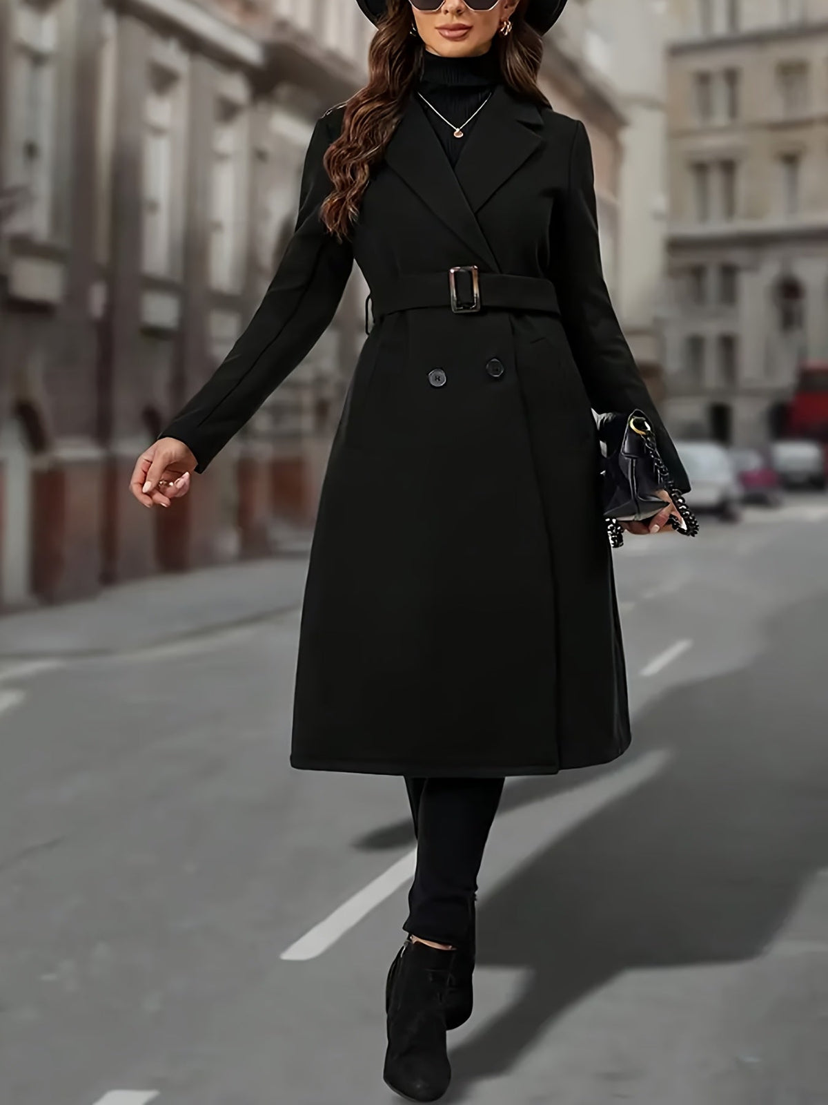 Black double-breasted long coat with wide lapel
