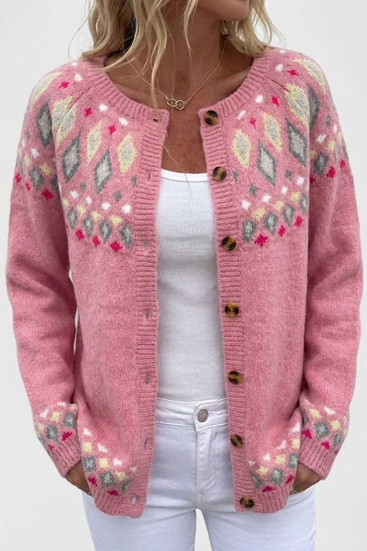 Women's Pink Fair Isle Button-Front Knitted Cardigan for Autumn