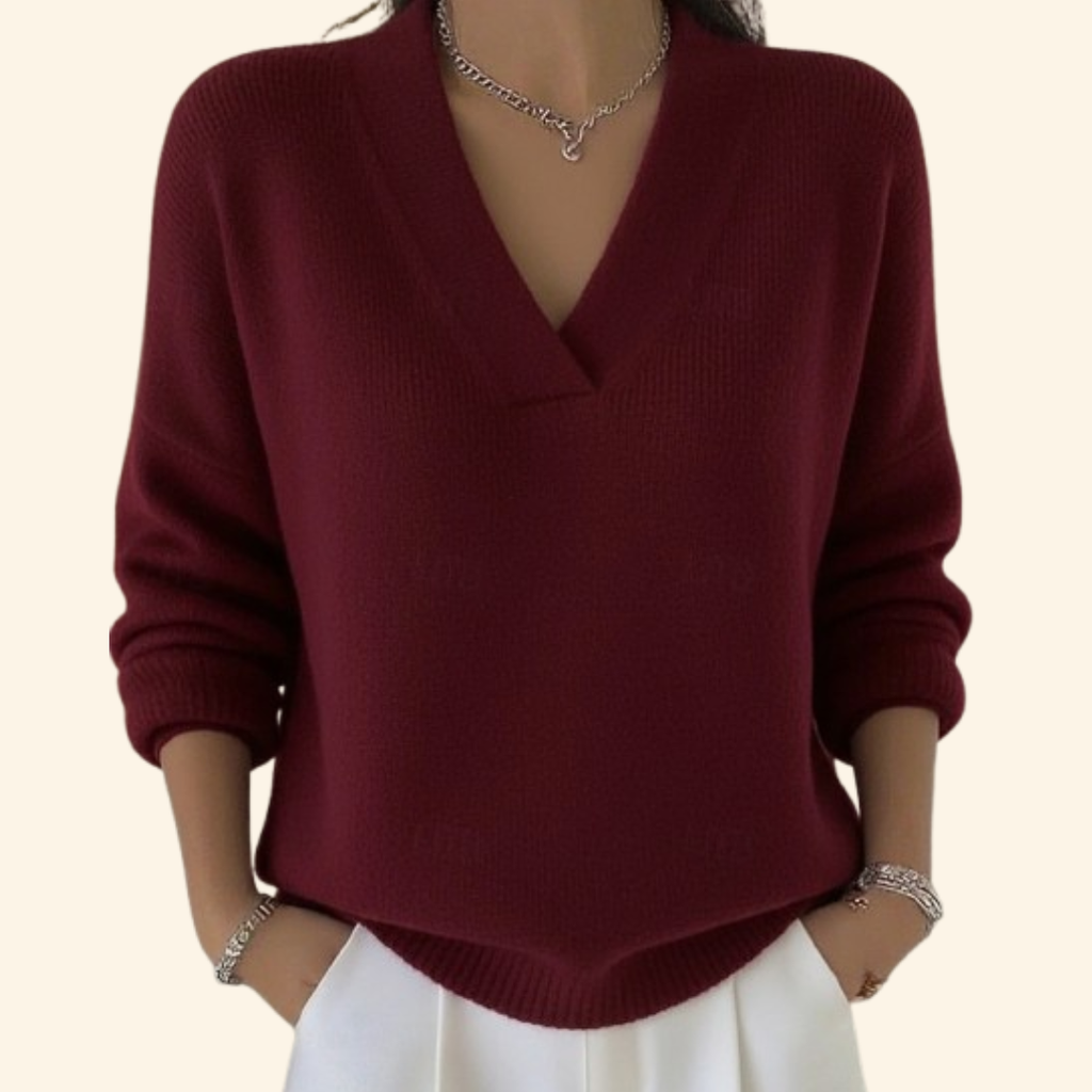 Women's Red V-Neck Knitted Jumper for Everyday Autumn Comfort