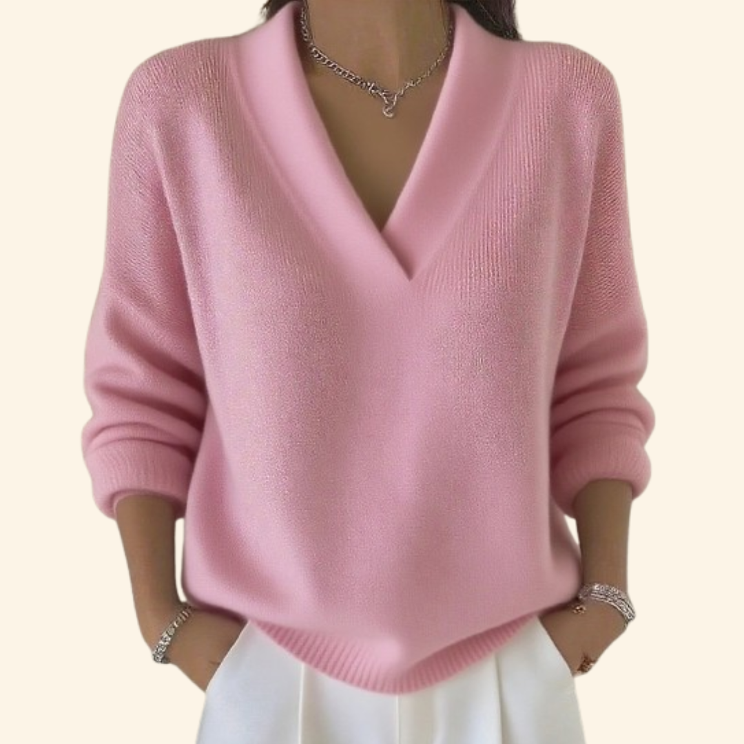 Women's Pink V-Neck Knitted Jumper for Everyday Autumn Comfort