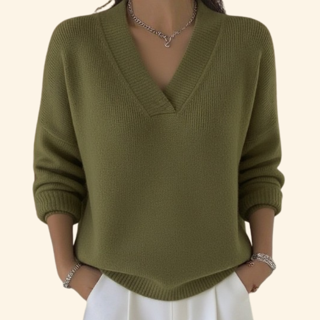 Women's Green V-Neck Knitted Jumper for Everyday Autumn Wear