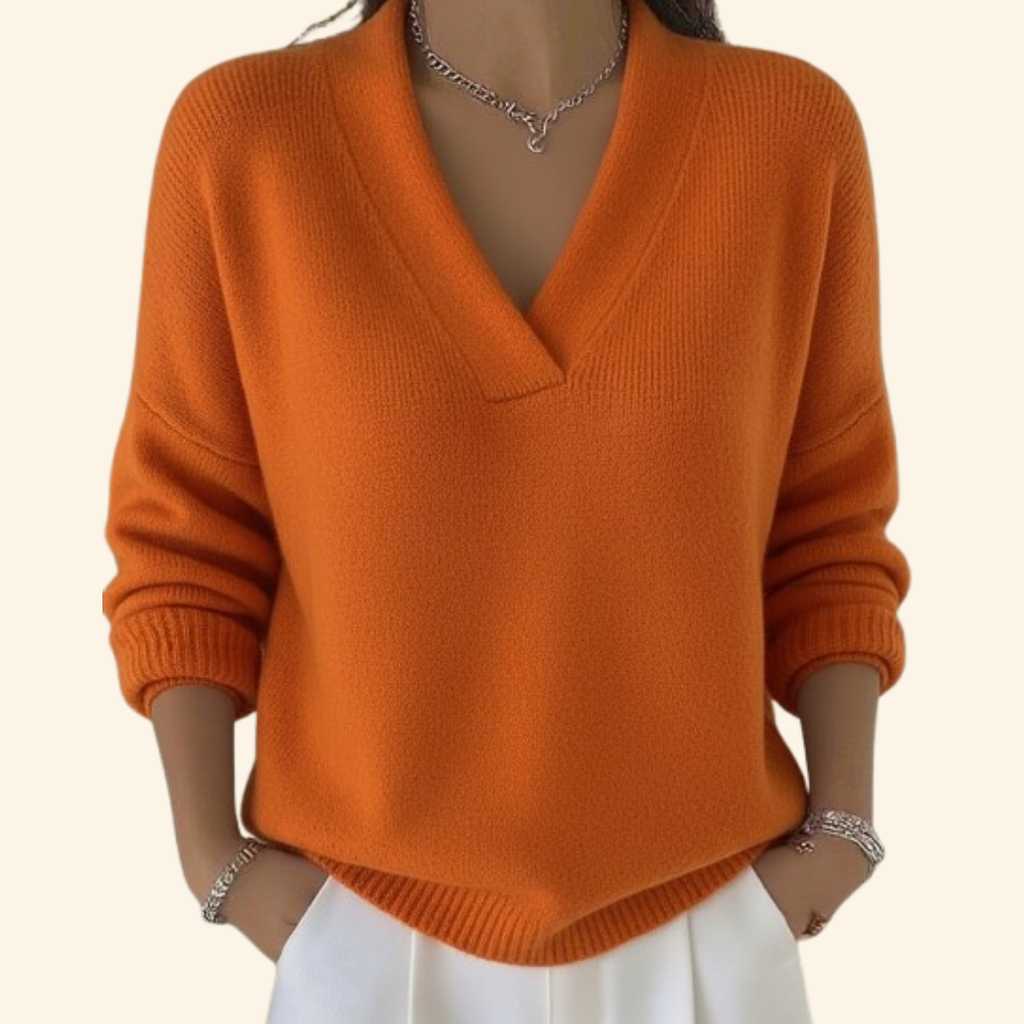 Women's Orange V-Neck Knitted Jumper for Everyday Autumn Wear