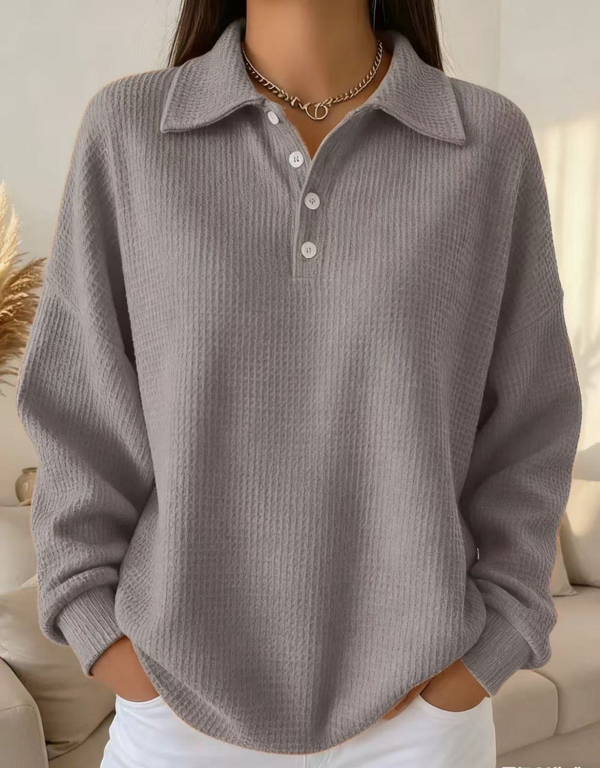 Women's Grey Polo Collar Knit Jumper