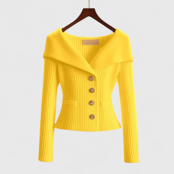 Women's Yellow Fitted Ribbed Knit Cardigan with Button-Front Detail