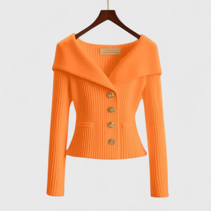 Women's Orange Fitted Ribbed Knit Cardigan with Button-Front Detail