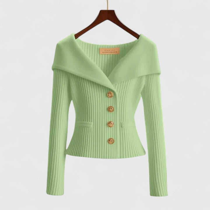 Women's Green Fitted Ribbed Knit Cardigan with Button-Front Detail