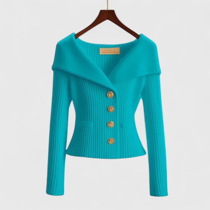 Women's Blue Fitted Ribbed Knit Cardigan with Button-Front Detail
