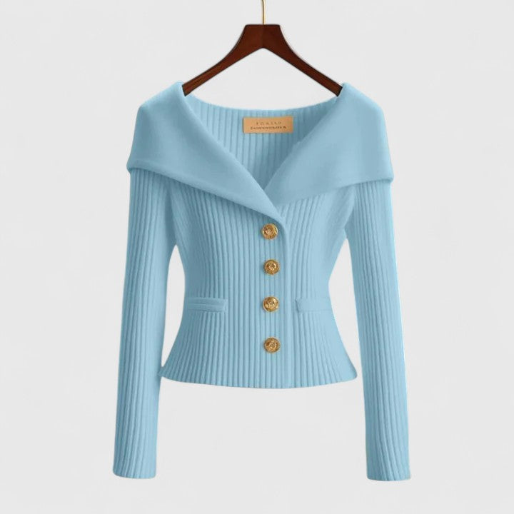 Women's Sky Blue Fitted Ribbed Knit Cardigan with Button-Front Detail