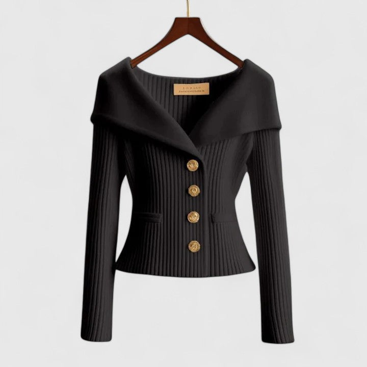 Women's Black Fitted Ribbed Knit Cardigan with Button-Front Detail