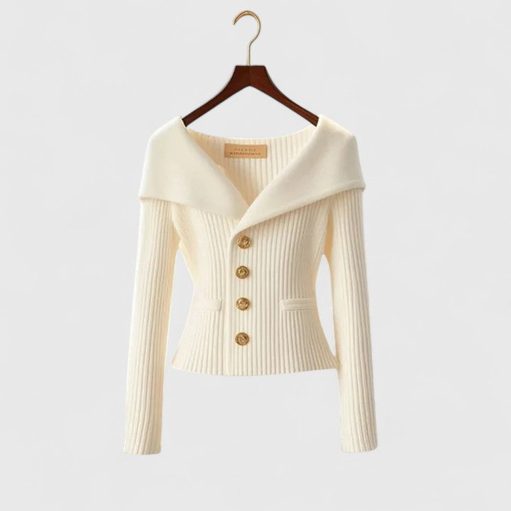 Women's White Fitted Ribbed Knit Cardigan with Button-Front Detail