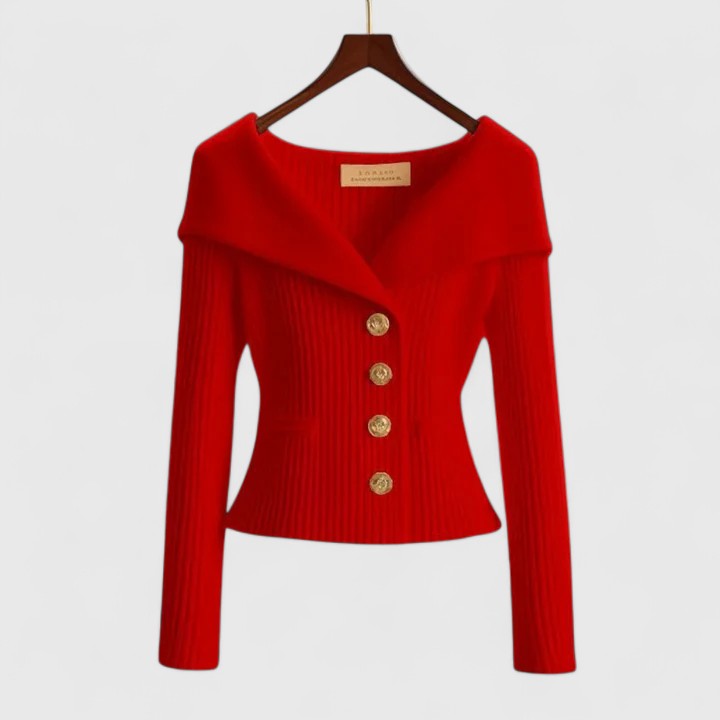 Women's Red Fitted Ribbed Knit Cardigan with Button-Front Detail