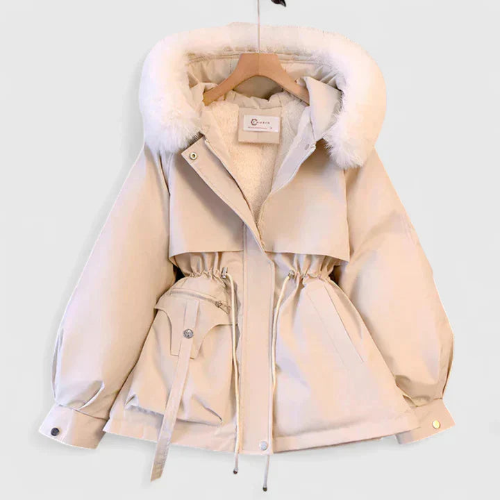Women's White Faux Fur Hood Jacket With Adjustable Drawstring Waist