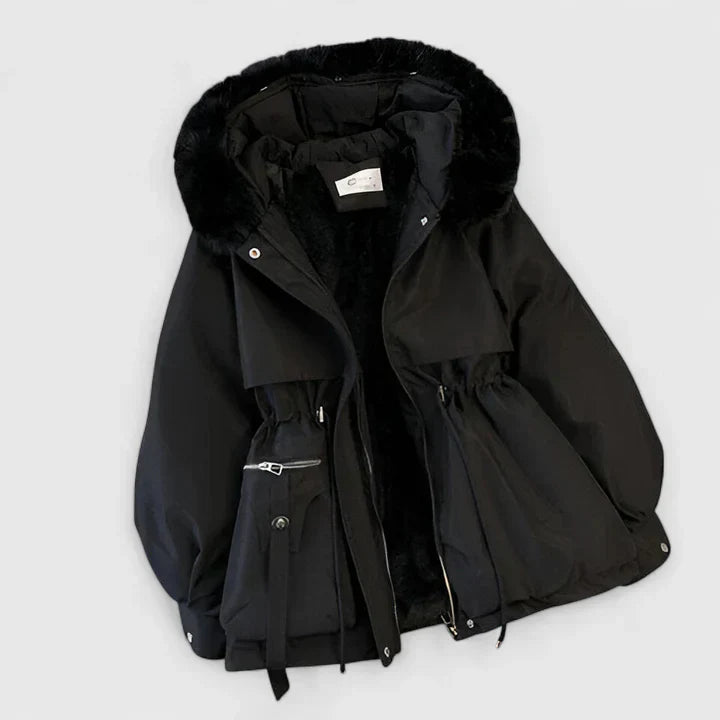 Women's Black Faux Fur Hood Jacket With Adjustable Drawstring Waist