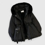 Women's Black Faux Fur Hood Jacket With Adjustable Drawstring Waist