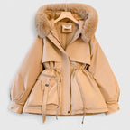 Women's Beige Faux Fur Hood Jacket With Adjustable Drawstring Waist