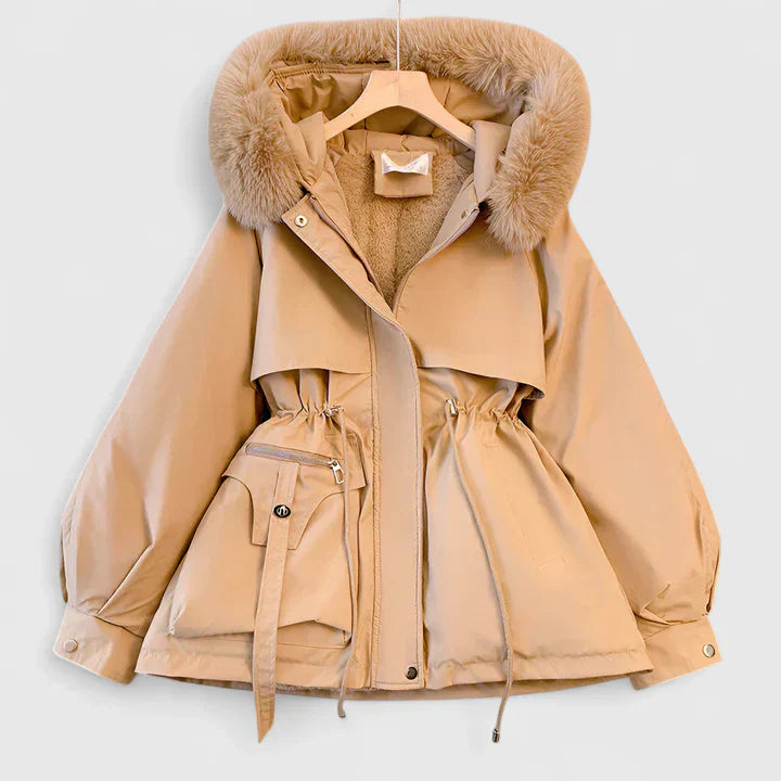 Women's Beige Faux Fur Hood Jacket With Adjustable Drawstring Waist