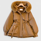 Women's Brown Faux Fur Hood Jacket With Adjustable Drawstring Waist