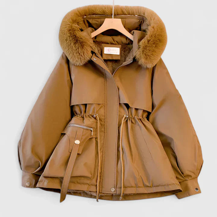 Women's Brown Faux Fur Hood Jacket With Adjustable Drawstring Waist