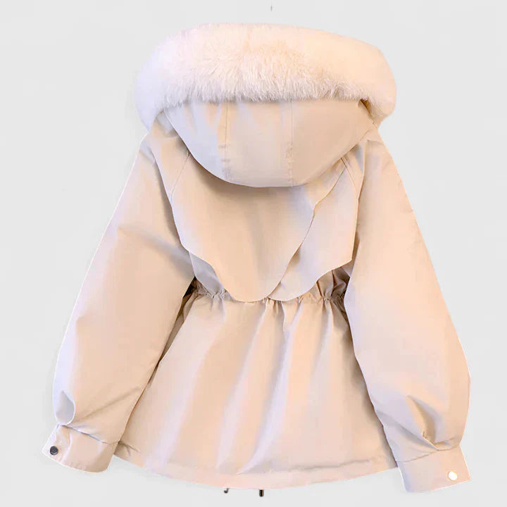 Women's White Faux Fur Hood Jacket With Adjustable Drawstring Waist