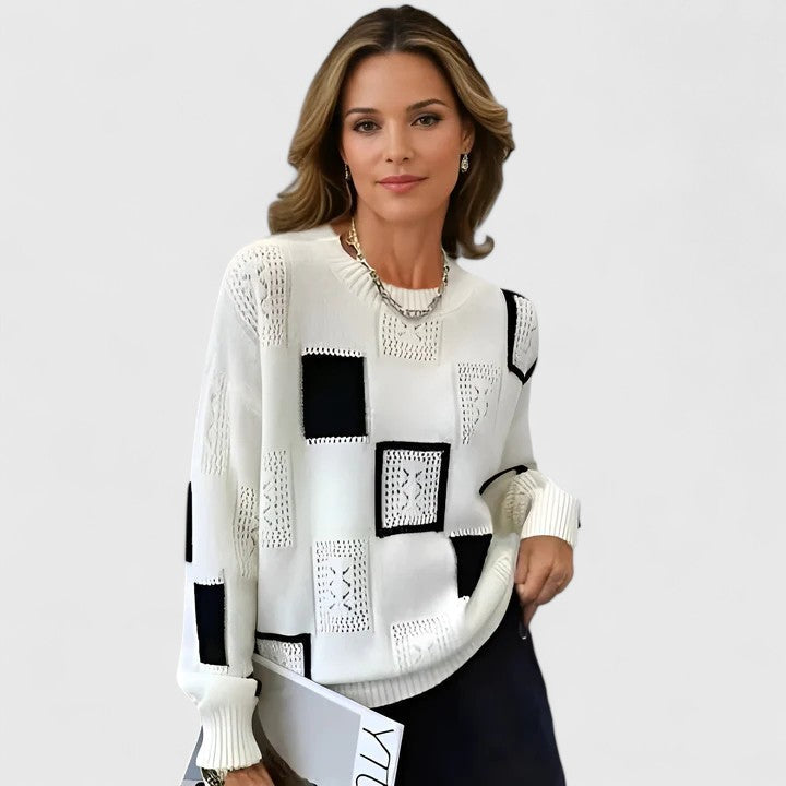 Women's White Colour-Block Crew Neck Jumper for Everyday Autumn Wear