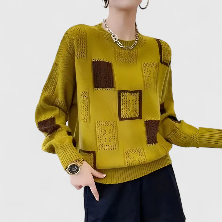 Women's Yellow Colour-Block Crew Neck Jumper for Autumn Wear