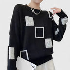Women's Black Colour-Block Crew Neck Jumper for Everyday Autumn Wear