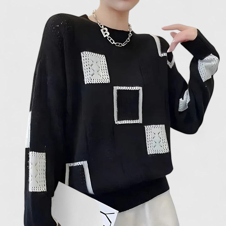 Women's Black Colour-Block Crew Neck Jumper for Everyday Autumn Wear