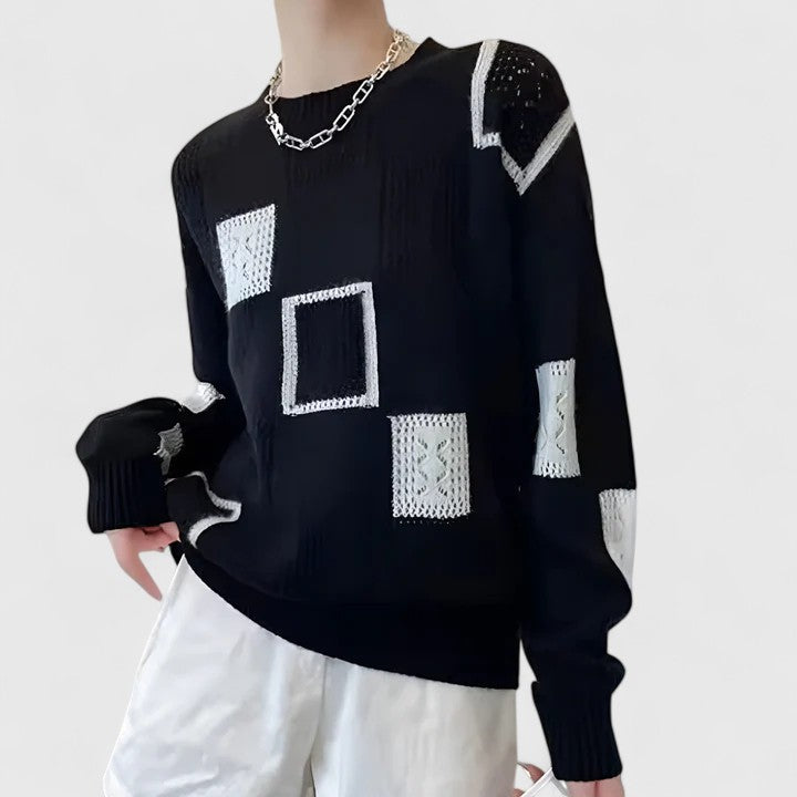 Women's Black Colour-Block Crew Neck Jumper for Everyday Autumn Wear