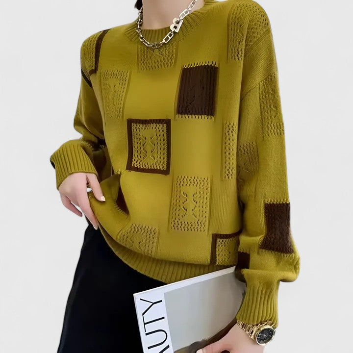 Women's Yellow Colour-Block Crew Neck Jumper for Autumn Wear