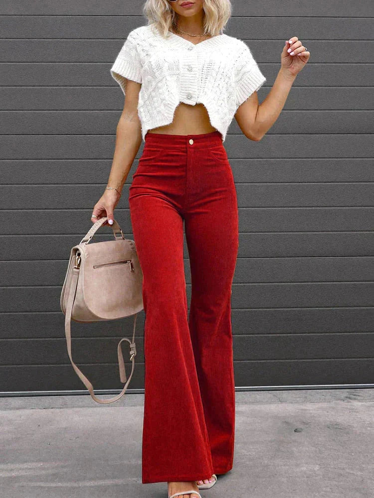 Women's flared corduroy trousers in khaki