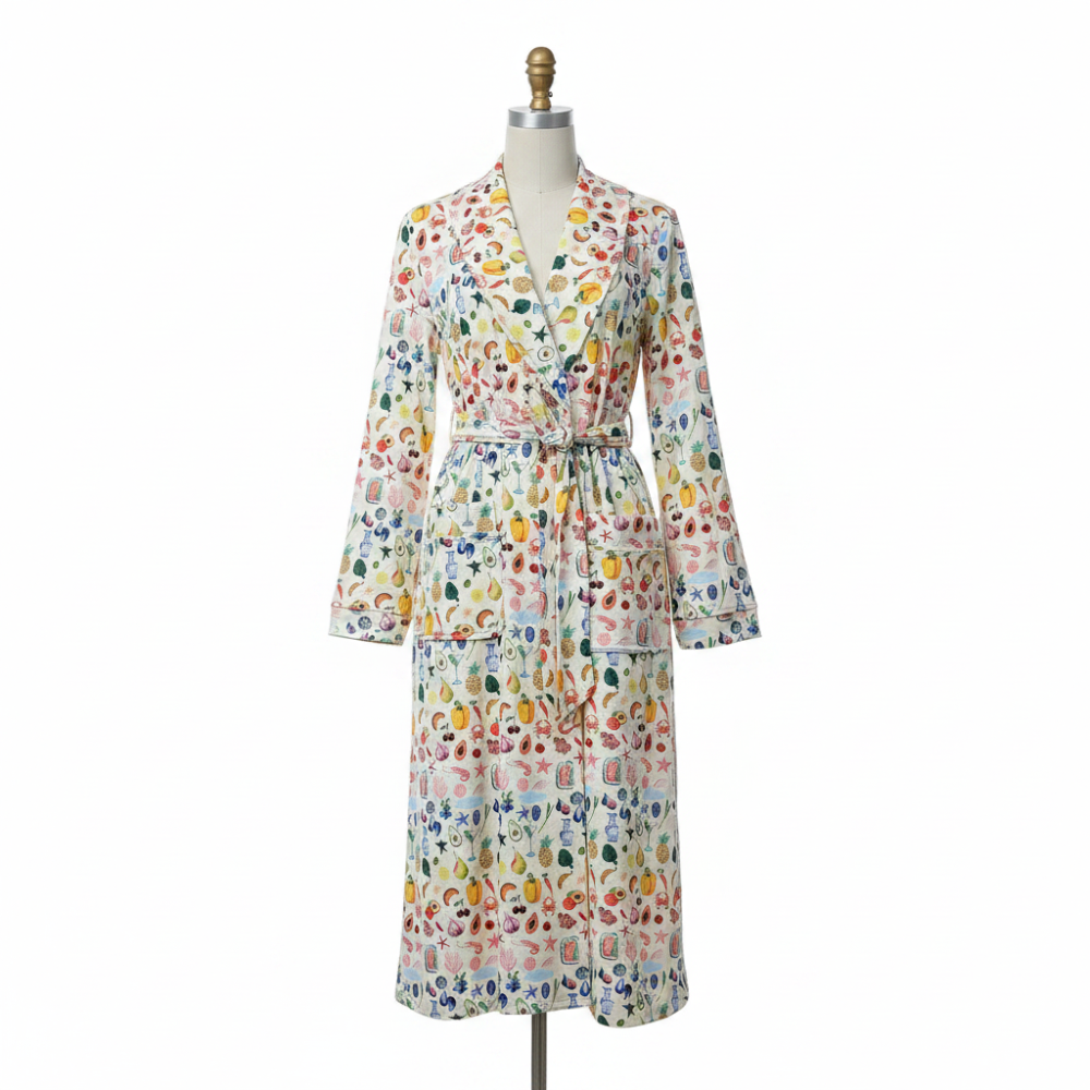 Floral print flannel dressing gown with shawl collar and tie waist