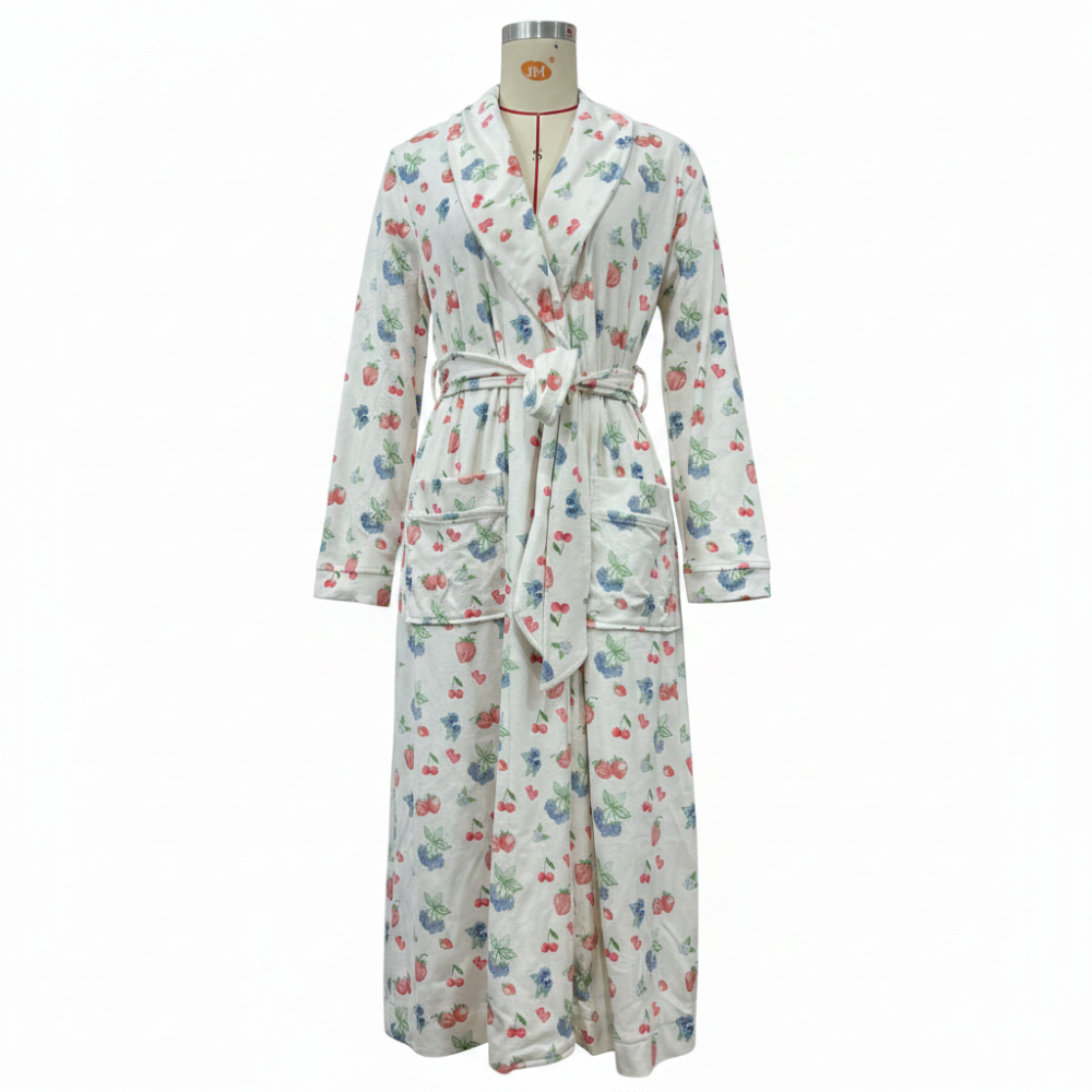 Floral print flannel dressing gown with shawl collar and tie waist