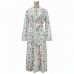 Floral print flannel dressing gown with shawl collar and tie waist