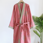 Lightweight waffle-knit dressing gown with shawl collar and tie waist