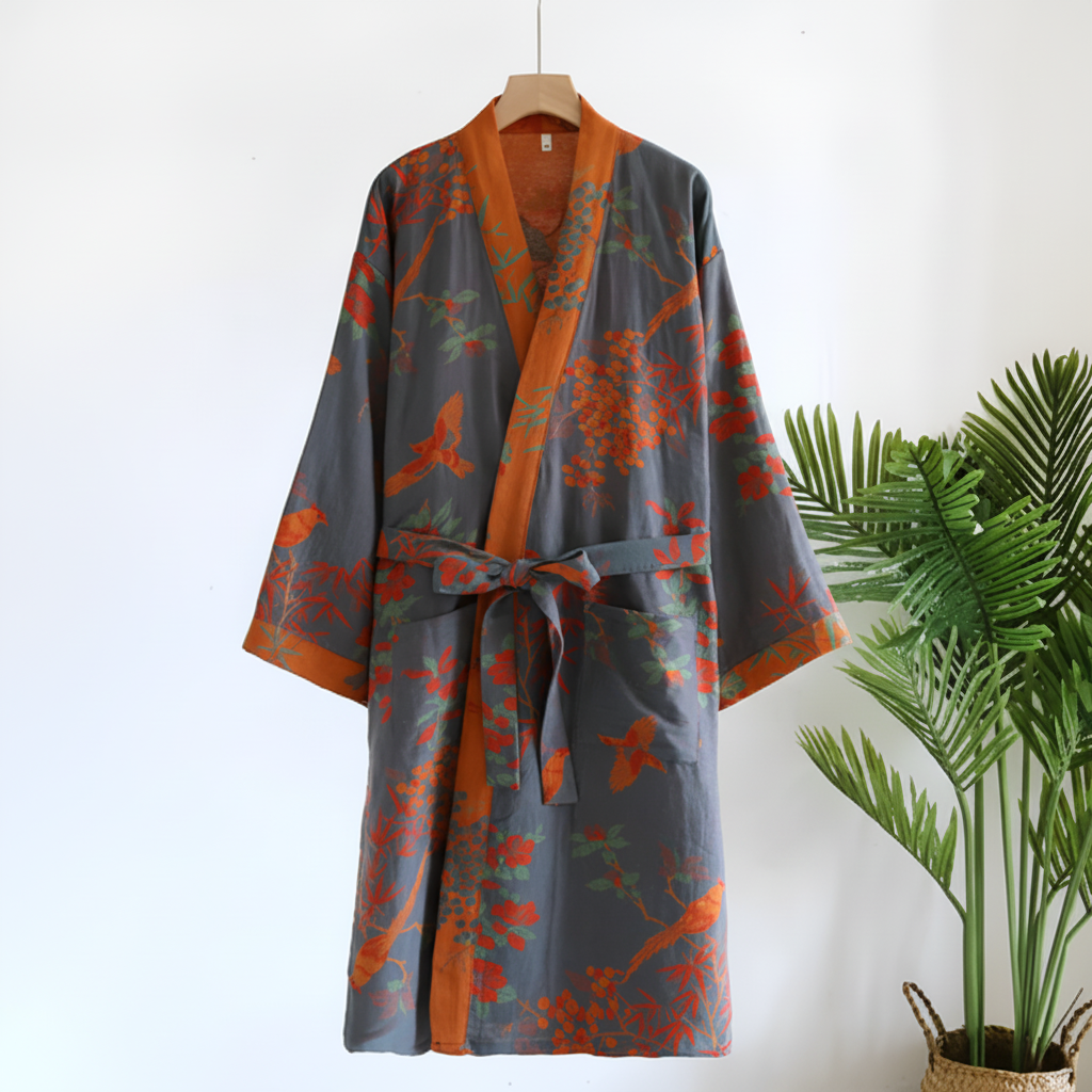 Lightweight waffle-knit dressing gown with shawl collar and tie waist