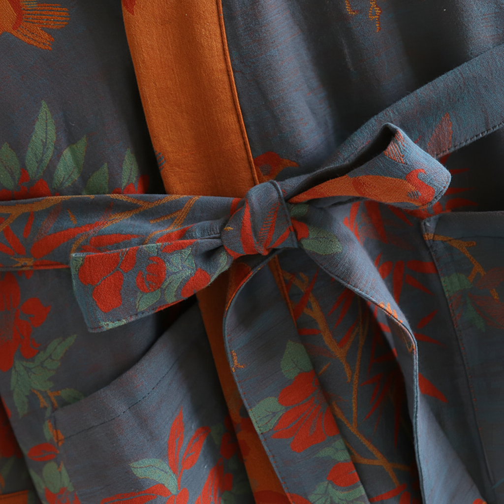 Lightweight waffle-knit dressing gown with shawl collar and tie waist