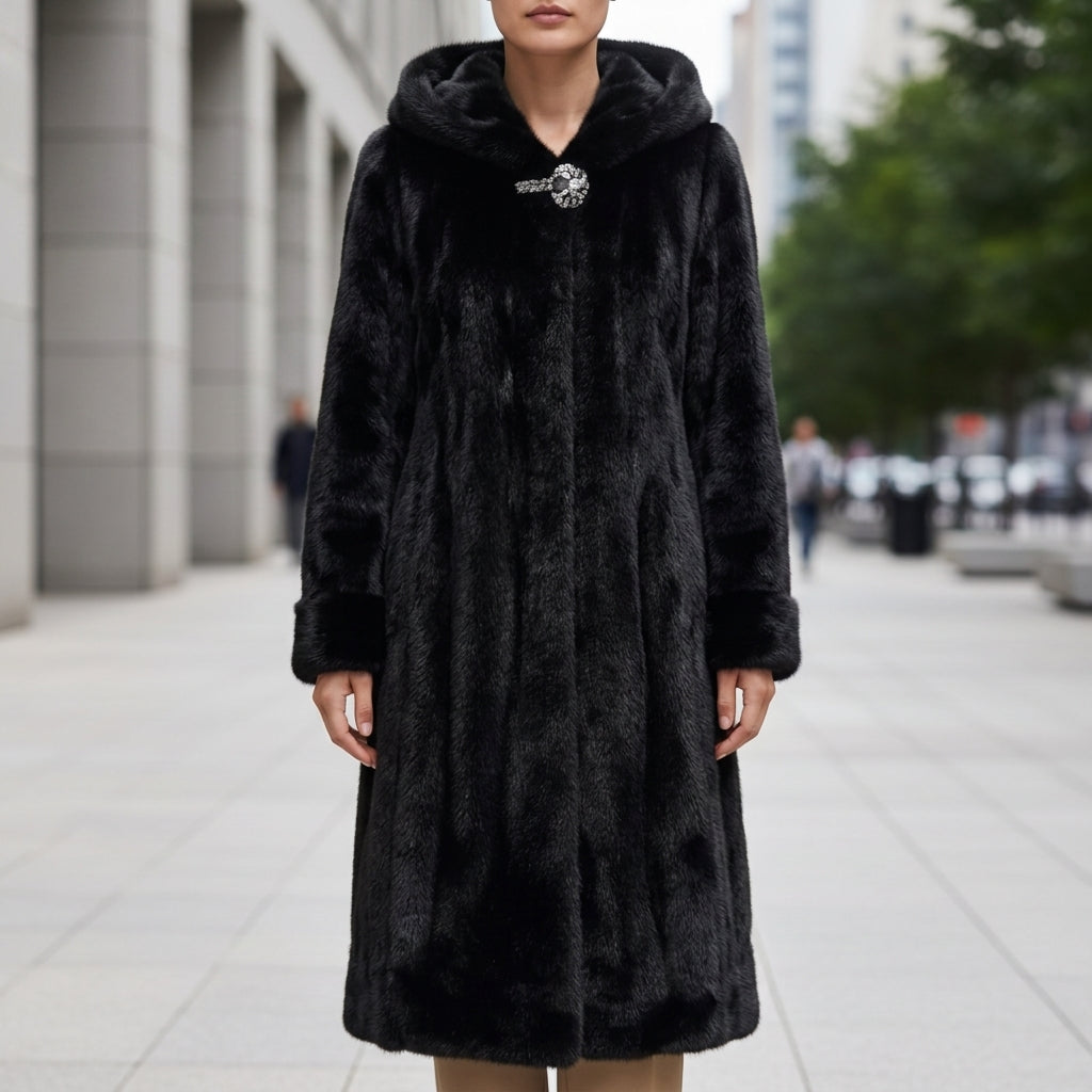 Women's black faux fur hooded coat with a plush, padded finish