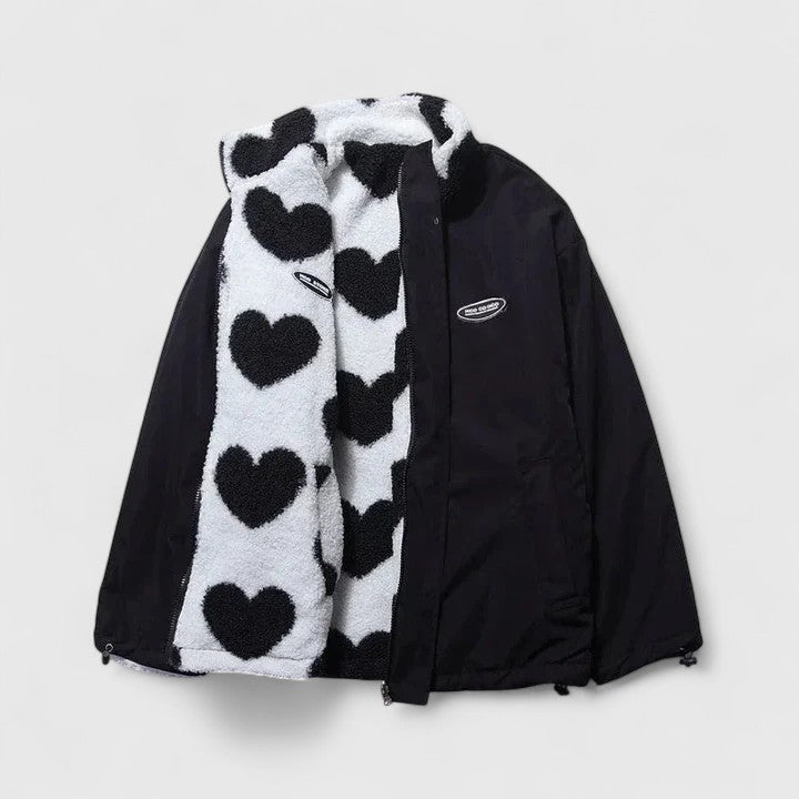 Women's Black and White Sherpa-Lined Fleece Jacket