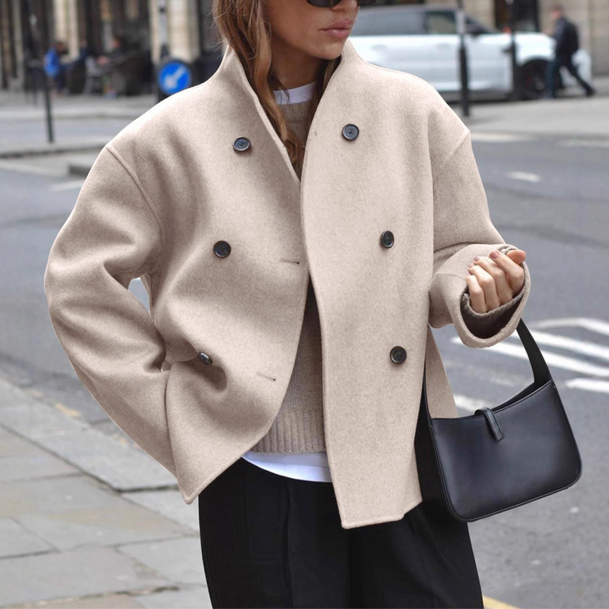 Women's Khaki Cozy Double-Breasted Stand Collar Autumn Coat