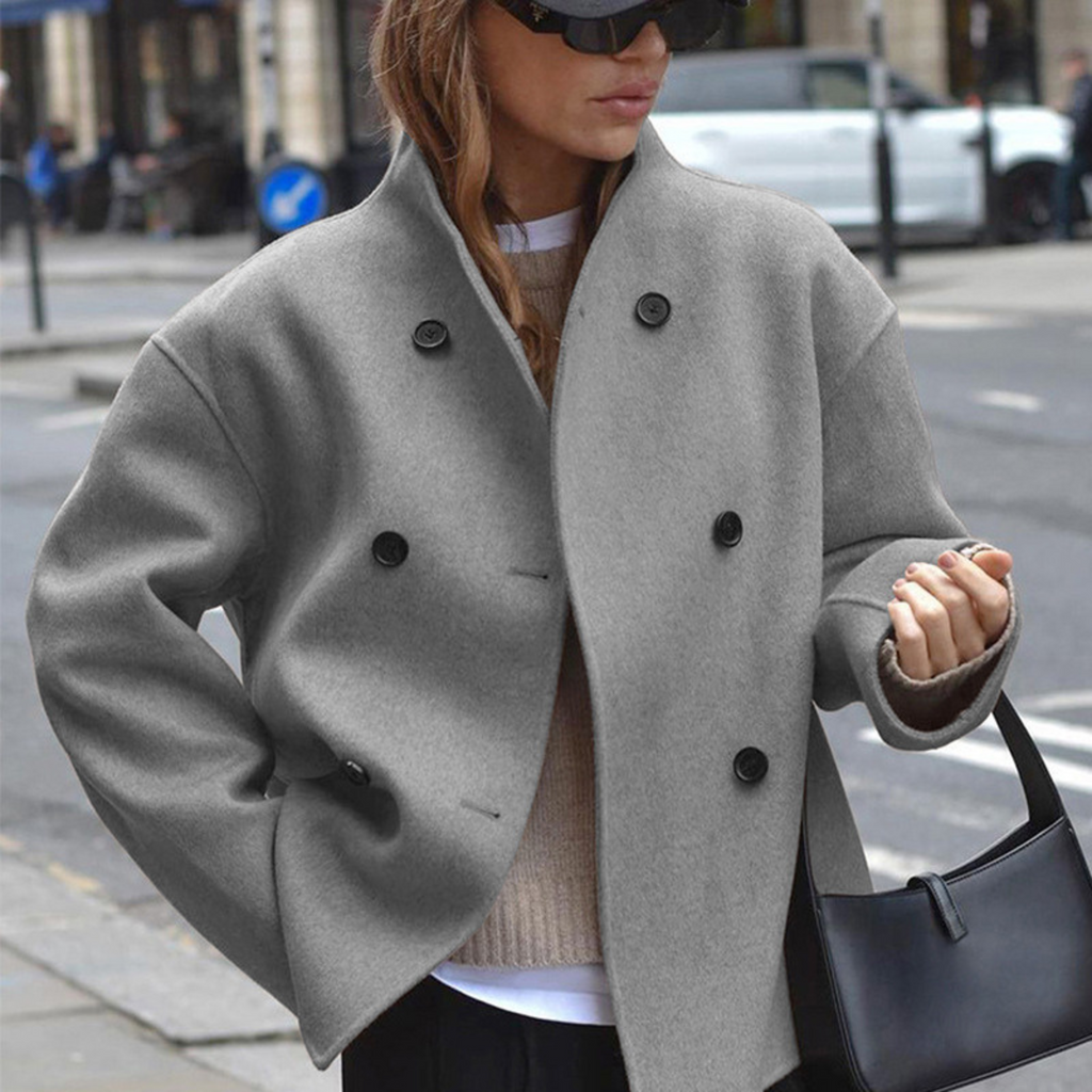 Women's Grey Cozy Double-Breasted Stand Collar Autumn Coat