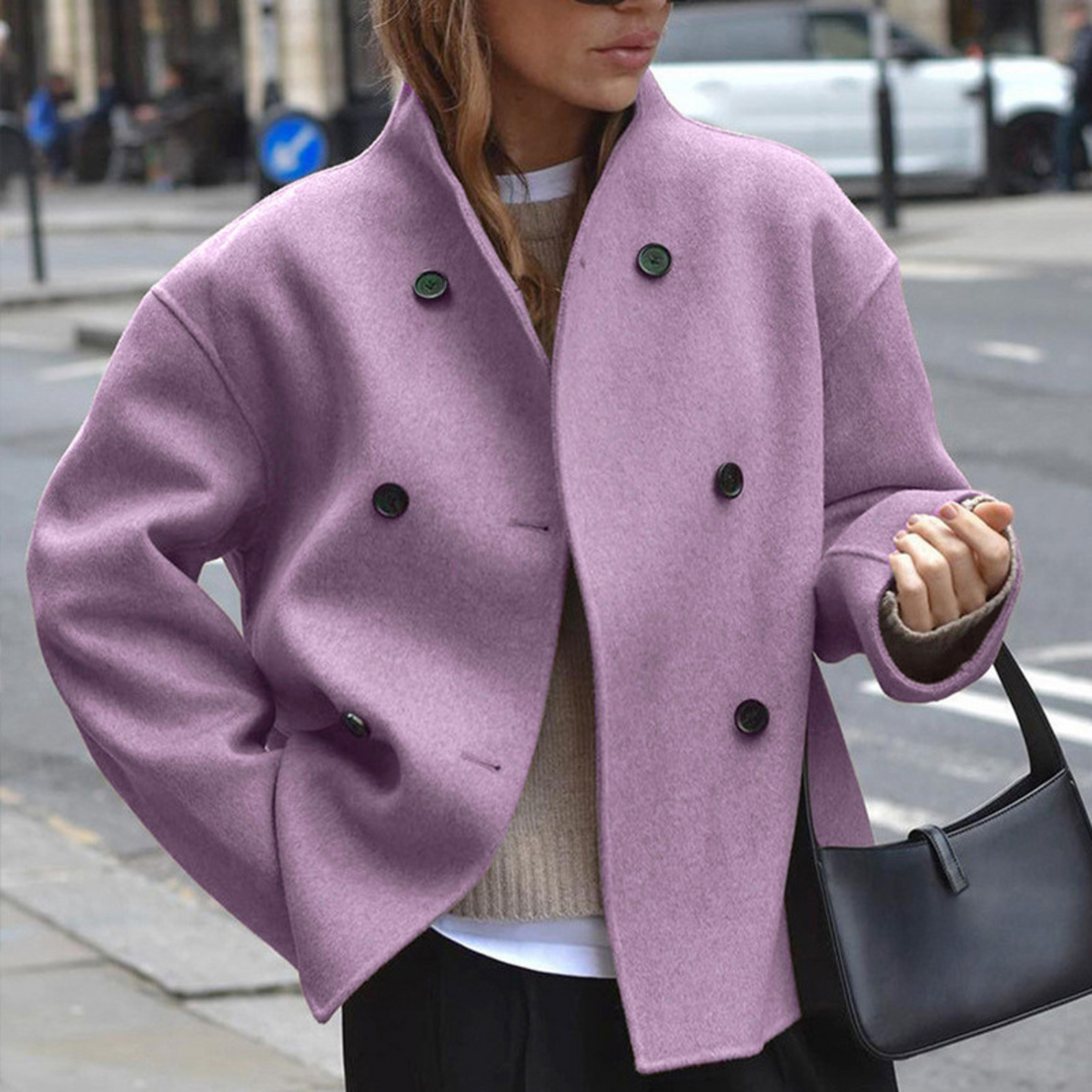 Women's Purple Cozy Double-Breasted Stand Collar Autumn Coat