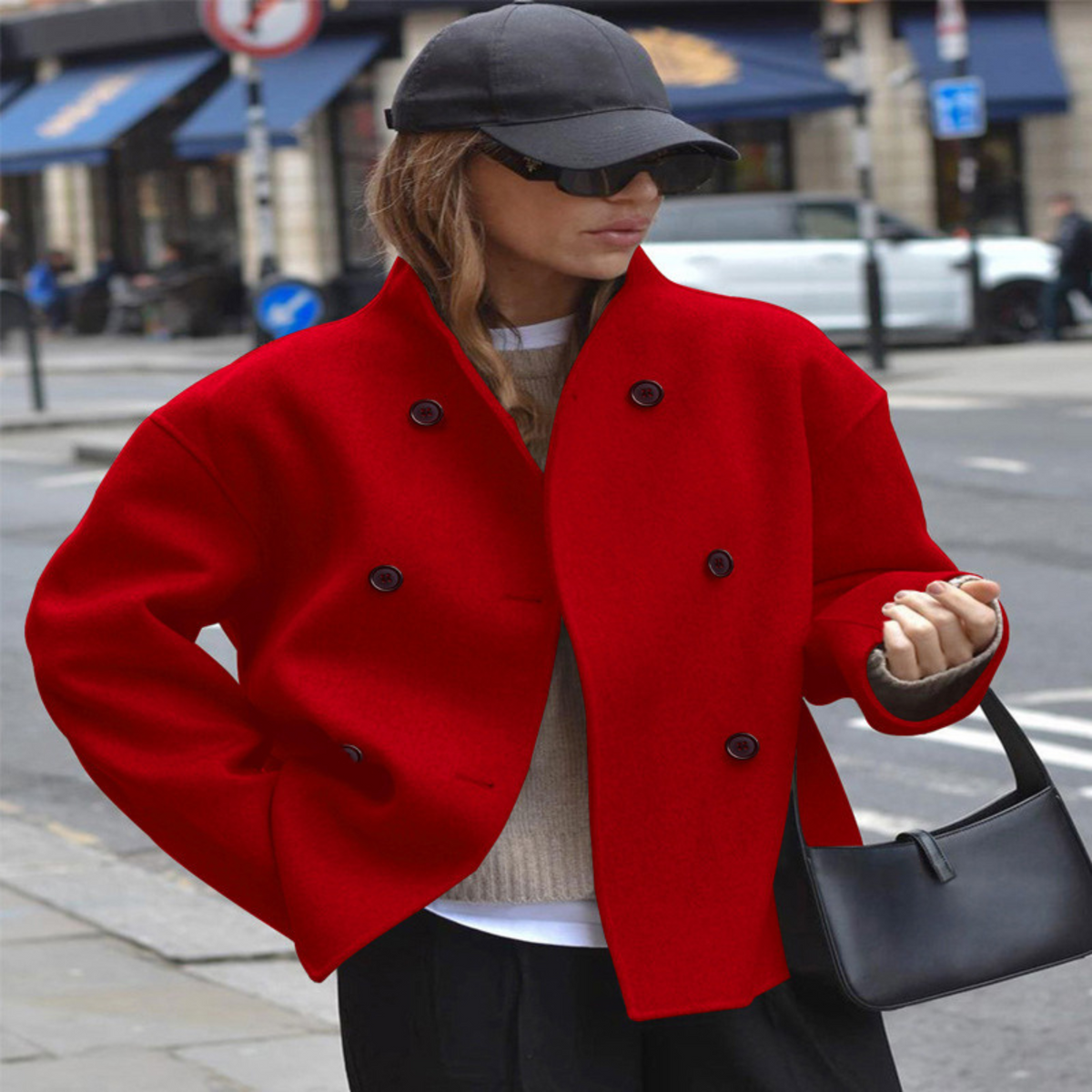 Women's Red Cozy Double-Breasted Stand Collar Autumn Coat